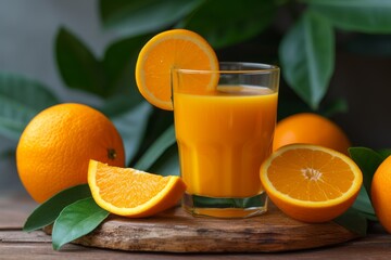 A glass of orange juice with orange slices on a wooden surface.