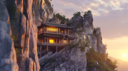 an Asian Traditional house in the edge of rock mountain cliff with sea of clouds in sunset
