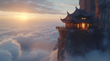 Scenic view of a Traditional Asian house in the edge of rock cliff with sea of clouds in the morning