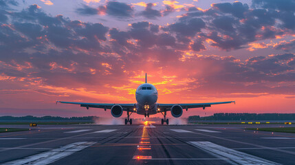 A commercial jet touches down on the runway against a vibrant sunset sky, with reflections on the tarmac.