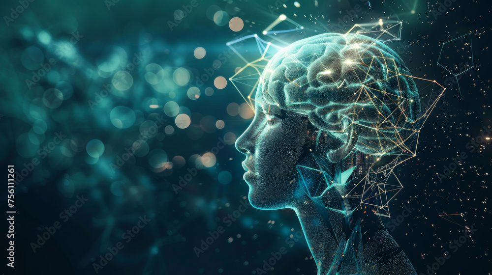 Poster a brain made of lines and dots with a red and orange color. the brain is surrounded by a blurry back