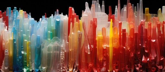 Fototapeta premium A colorful row of plastic straws in shades of magenta, set against a black background. These office supplies can add a pop of color to any event or glass of liquid