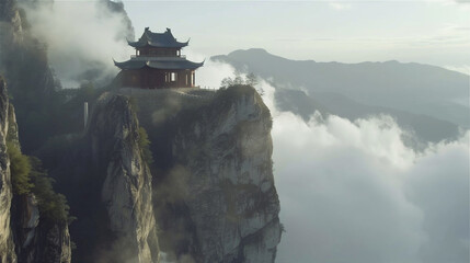 Traditional Asian house in the edge of rock cliff with sea of clouds in the foggy morning