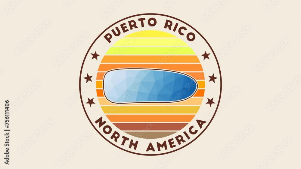Poster puerto rico intro video. badge with the circular name and map of the country in low poly tech geomet
