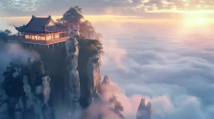 Schilderijen op glas Traditional Asian house in the edge of rock cliff with sea of clouds in the foggy morning © Maizal