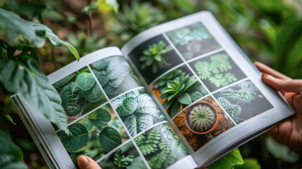 Person Holding a Book with Various Plant Leaves - obrazy, fototapety, plakaty