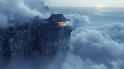 Traditional Asian house in the edge of rock mountains with sea of clouds in the foggy morning - Powered by Adobe