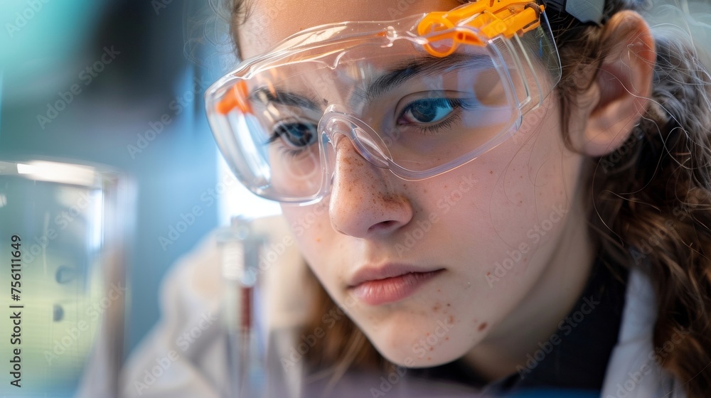 Poster a closeup of a student conducting an experiment in a safe and wellequipped laboratory wearing protec