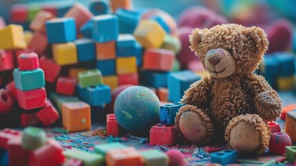 Colorful toy blocks scattered across a table with a teddy bear and a ball - obrazy, fototapety, plakaty