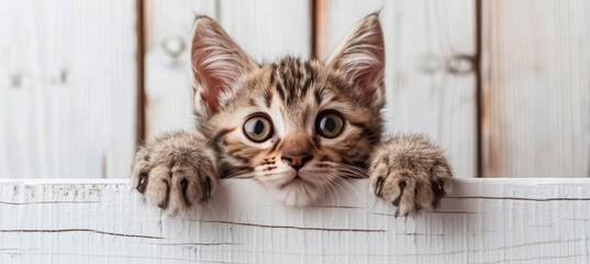 Curious tabby kitten peeking with paws up over white wooden background, space for text