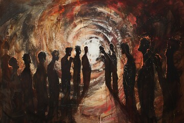 A thought provoking abstract painting depicting A charming French bulldog wearing pink sunglasses A thought-provoking abstract painting depicting dark silhouetted figures moving towards a bright, swir