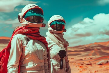 Two astronauts in reflective visored helmets standing side by side, gazing out at an expansive desert landscape reminiscent of an alien planet.
 - obrazy, fototapety, plakaty