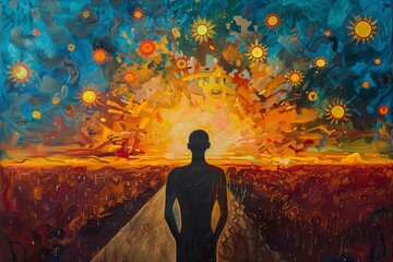Artistic representation of a human silhouette gazing towards a vivid and surreal sunset adorned with cosmic patterns.
 - obrazy, fototapety, plakaty