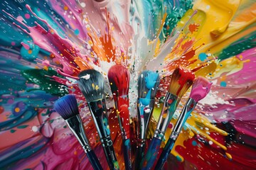 A dynamic array of paintbrushes with bristles coated in a vibrant explosion of multicolored paint splashes.
 - obrazy, fototapety, plakaty