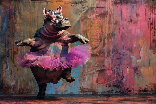 A whimsical image of a hippopotamus in a tutu performing a ballet dance, set against a vibrant, textured backdrop.
