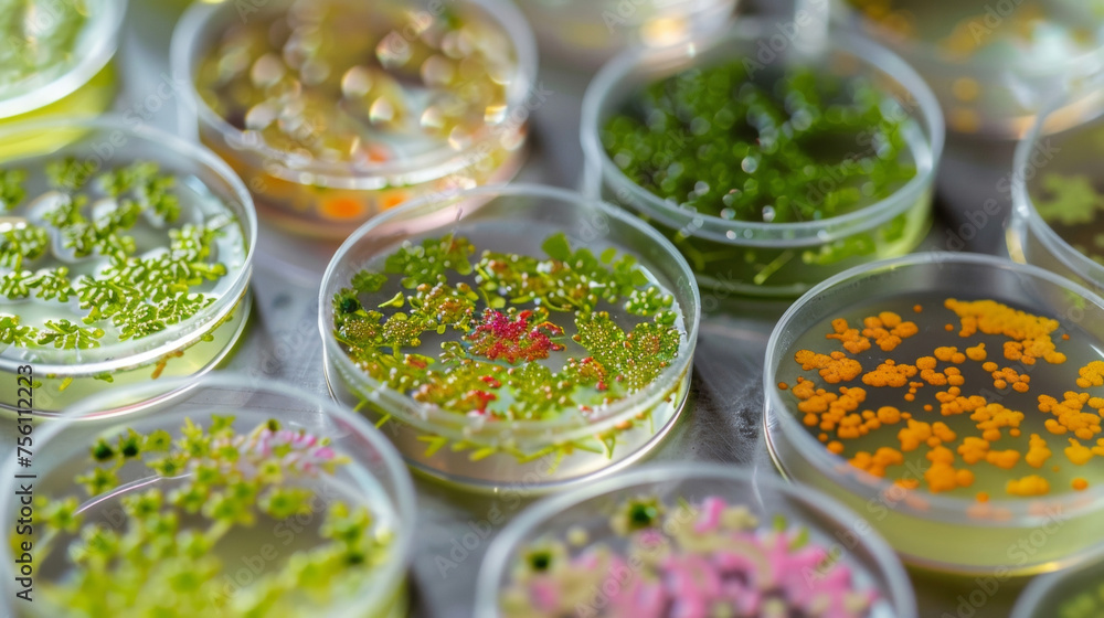 Poster tiny colorful microalgae are seen in a petri dish being studied in a lab dedicated to biomaterials r