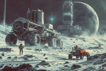 Futuristic depiction of an astronaut with lunar rovers on the moon's surface, a space station looming in the background.
