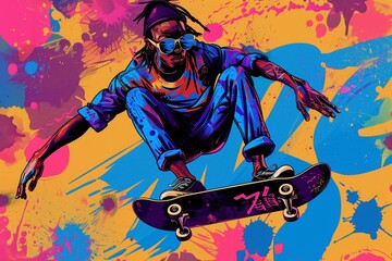 Dynamic illustration of a skateboarder executing a mid air trick against a vivid, graffiti-style background.
