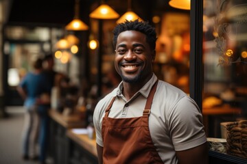 Portrait of happy african american man standing at doorway of cafe or restaurant