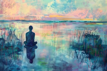 A calming painting of a person meditating by a serene, reflective lake under a pastel sunset sky.
