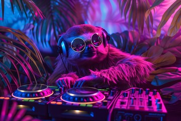 Sloth DJ in Neon Jungle Party Scene
 - obrazy, fototapety, plakaty