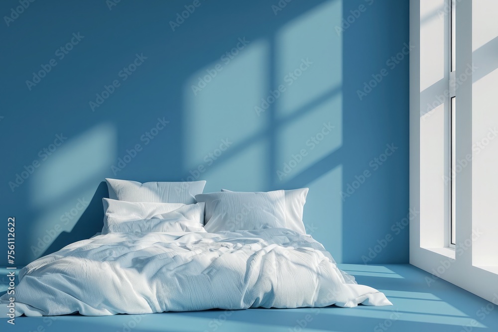 Wall mural mock up blue wall bedroom interior. scandinavian style interior. 3d rendering