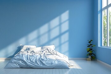 Mock up blue wall bedroom interior. Scandinavian style interior. 3d rendering