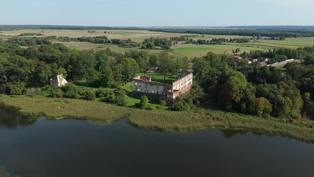 Landscape Castle Ruins Pond Krupe Aerial View Poland