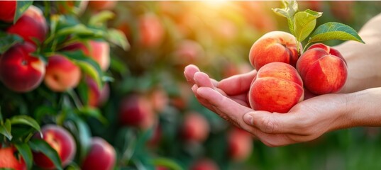Hand holding ripe peach with blurred peach selection background and ample space for text placement
