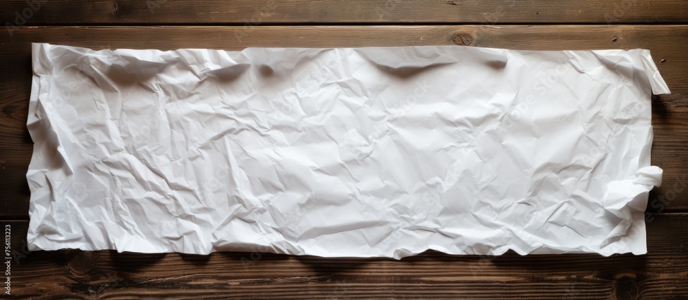 Poster A crumpled piece of paper rests on a rectangular wooden table, showcasing a mix of tints and shades. The intricate pattern of the wood contrasts with the soft texture of the paper