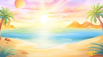 Fototapeta na wymiar Sunshine over a pastel beach 3D cartoon charmisolated background