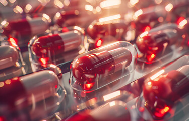 Radiant Red and White Antimicrobial Capsule Pills Artfully Arranged in Blister Packs - A Symbol of Medical Innovation and Antibiotic Drug Resistance Awareness - obrazy, fototapety, plakaty