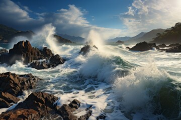 Violent waves clash against rugged rocks in the stormy ocean under a cloudy sky - obrazy, fototapety, plakaty