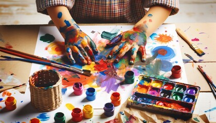 Child's Hands Covered in Colorful Paint for Finger Painting