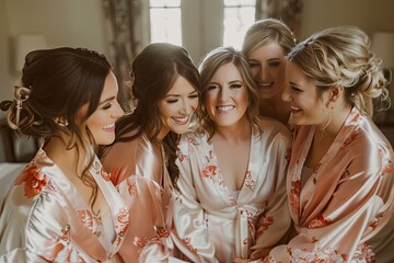 A glamorous bridal party getting ready in matching silk robes - obrazy, fototapety, plakaty