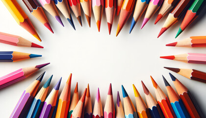 Fototapeta premium Brightly Colored Pencils Border on White Background