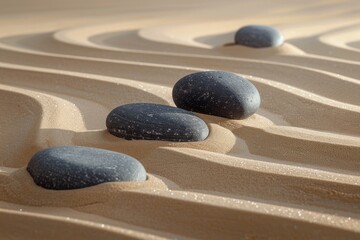 Fototapeta na wymiar A visually calming scene of a zen garden with raked sand and smooth stones