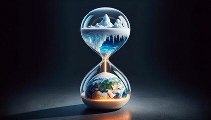 Climate Change Concept: Frozen Hourglass with Earth
