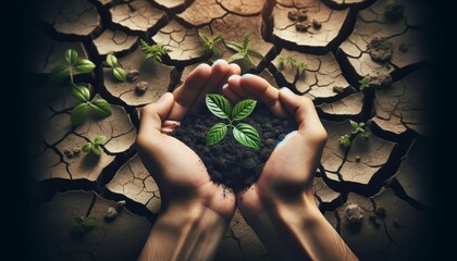 Hope Symbolized by Hands Holding a Plant on Cracked Earth