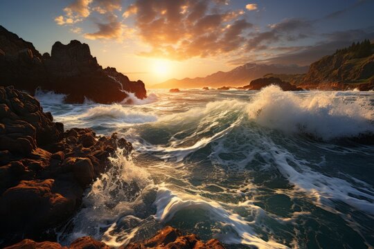 Sunset illuminating rocky shoreline with waves crashing, clouds painting the sky