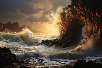 a large wave is crashing against a rocky shoreline at sunset