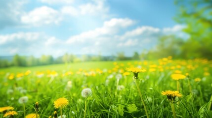 Beautiful meadow field with fresh grass and yellow dandelion flowers in nature against a blurry blue sky with clouds. Summer spring perfect natural la