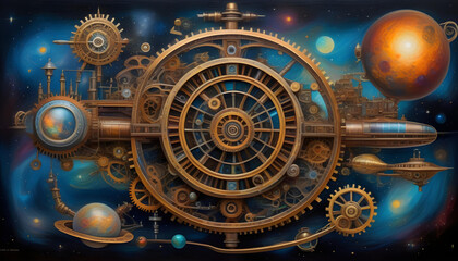 An oil painting of a steampunk galactic map with gears and pipes intertwining with celestial bodies.