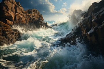 Fluid water crashes against rocky shore in natural landscape - obrazy, fototapety, plakaty