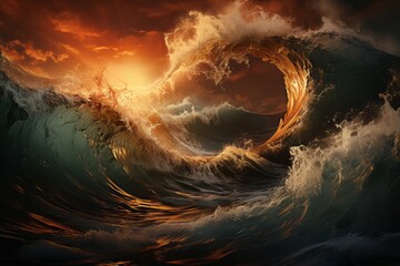Majestic wave crashes during sunset, painting the sky with vibrant hues - obrazy, fototapety, plakaty