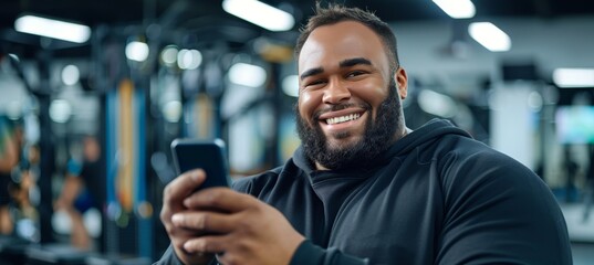 Athletic man with phone in bright gym studio with modern equipment and motivational posters - obrazy, fototapety, plakaty