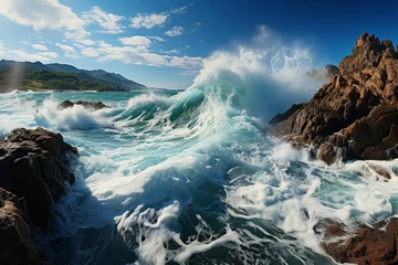 Schilderijen op glas Water crashes against rocky shoreline, creating a dramatic coastal landscape © JackDong