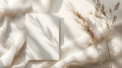 Elegant Minimalist Mockup White Card Against Soft Beige Fabric with Pampas Grass
