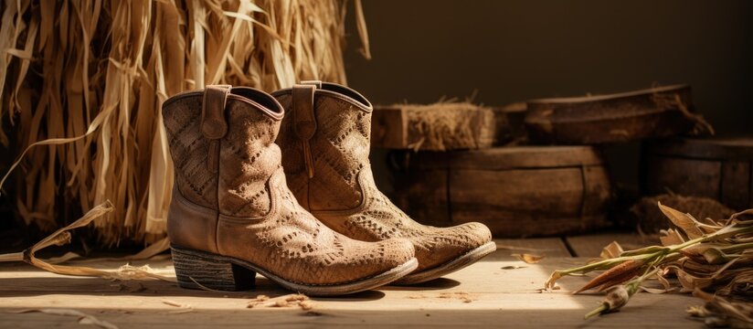 A pair of cowboy boots rest on a hardwood floor beside a haystack, creating a rustic Western vibe. The window overlooks a plantfilled garden