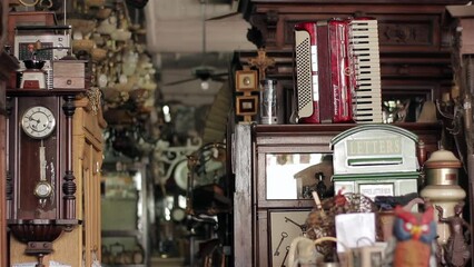 An Old Piano Accordion on Display in an Antique Shop. Close up.